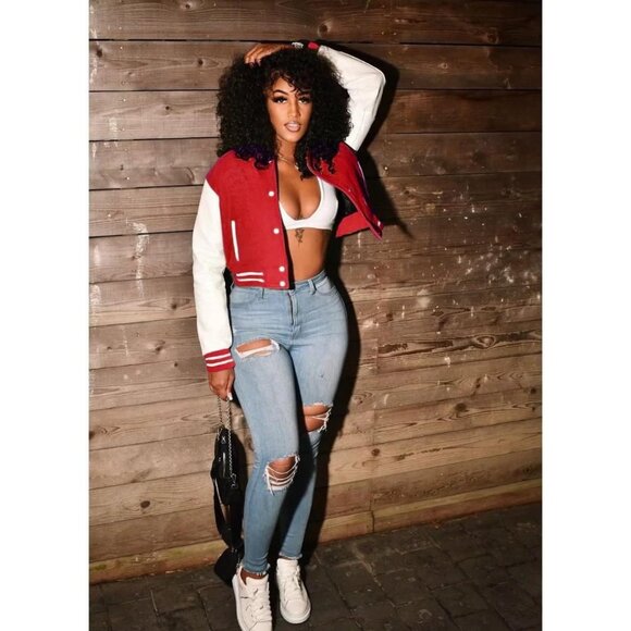 Women's Varsity Jacket Long Sleeve Button Down Bomber Jacket Streetwear Red - Picture 2 of 4